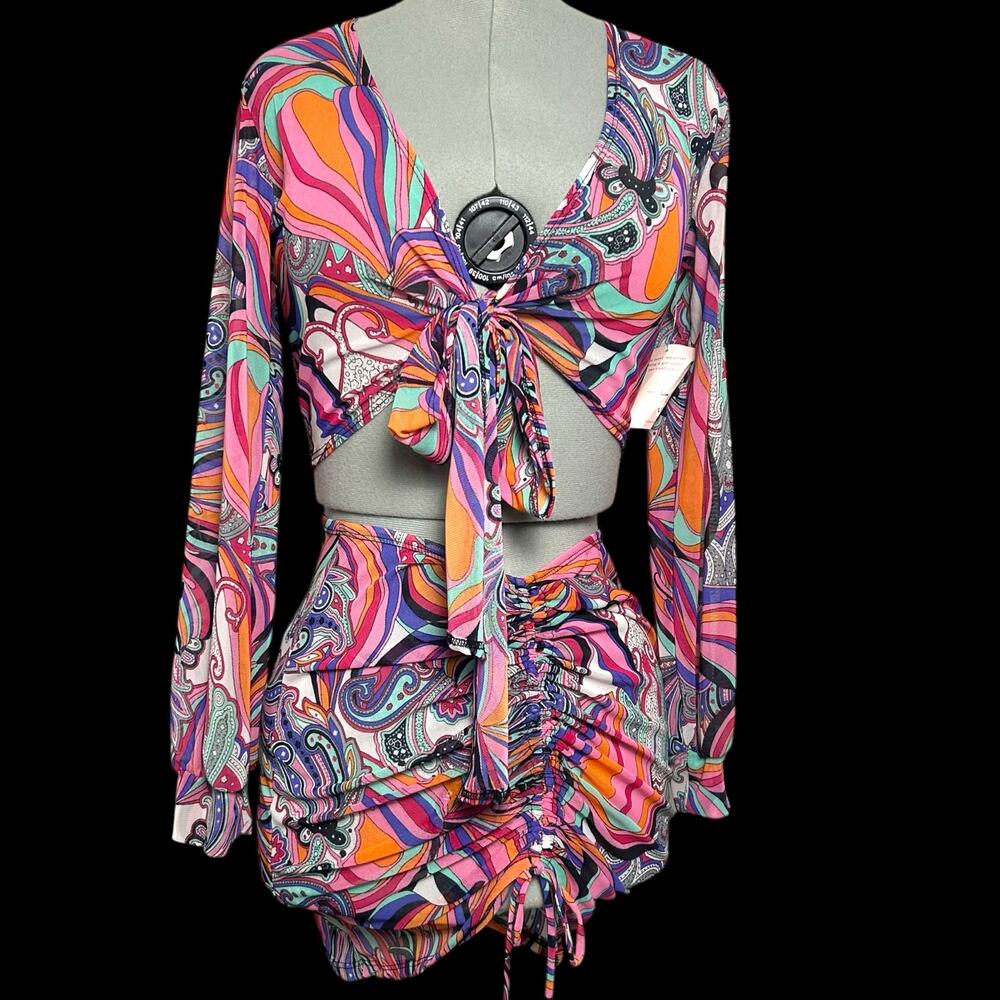 NWT Honey Love Colorful Paisley Print Sheer Two Piece Skirt Set Size L